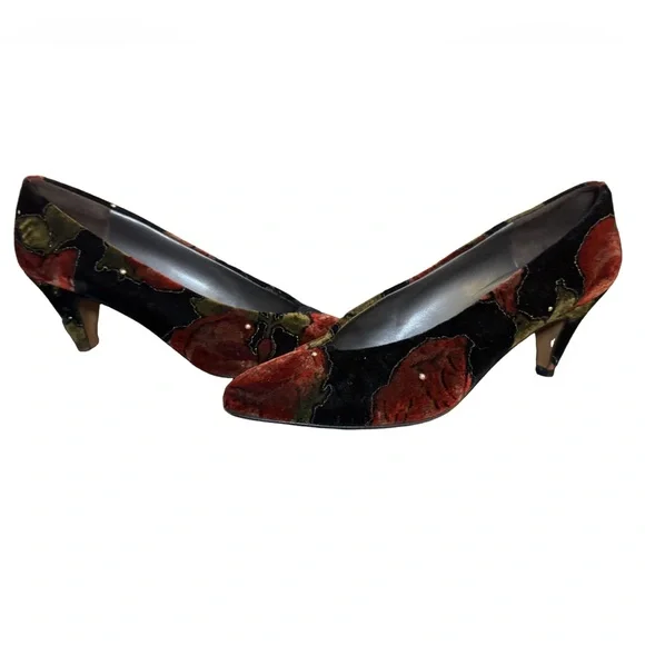 VTG Velvet Studded Rose Kitten Heel - Picture 5 of 6